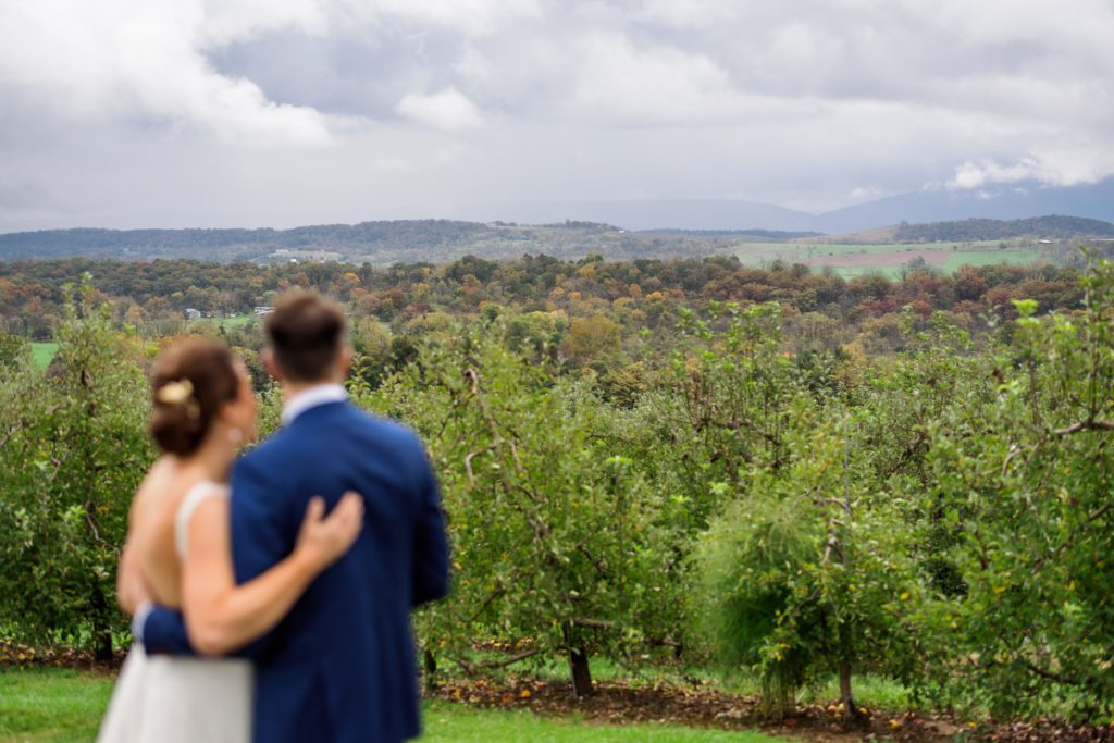 A couple on their wedding day in a scenic vineyard in Charlottesville