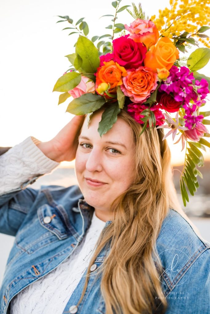 Joellen of Charlottesville wearing a floral crown celebrating international women's day