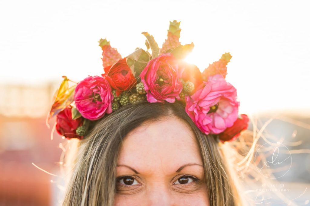 Jenn of Fiori Floral Studio wearing floral crown celebrating International Women's Day