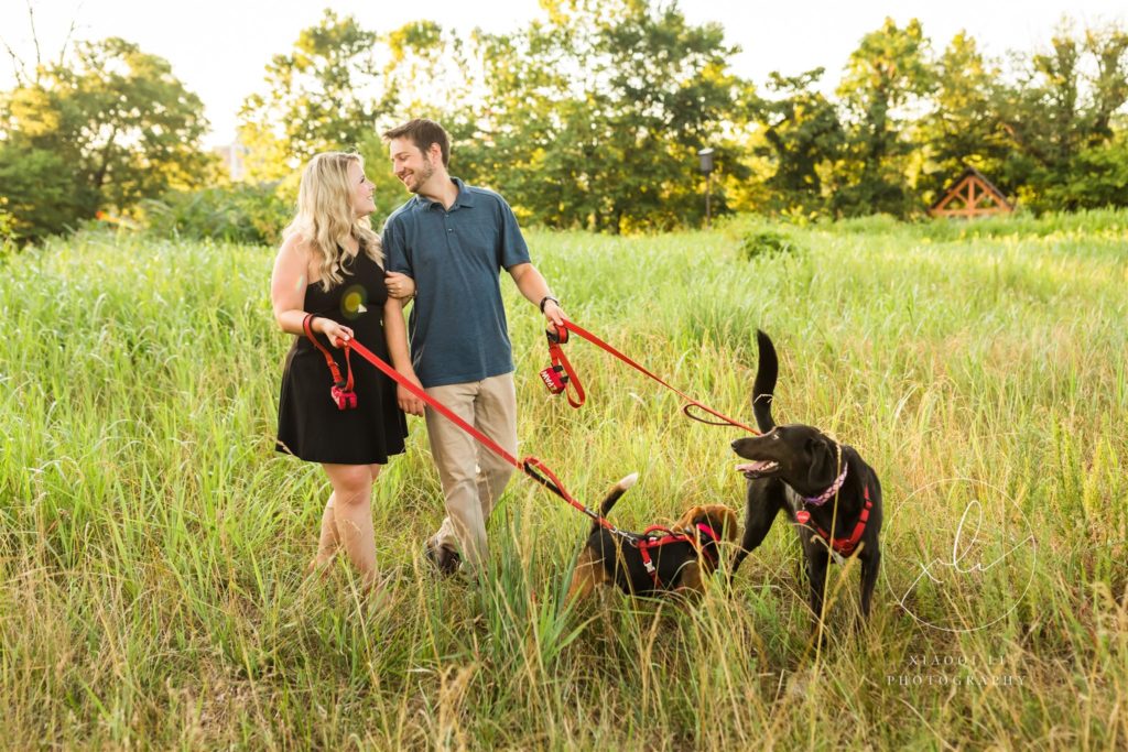 couple walking dogs during belle isle engagement session