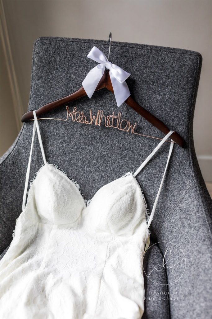 wedding dress with personalized hanger for brunch wedding bride