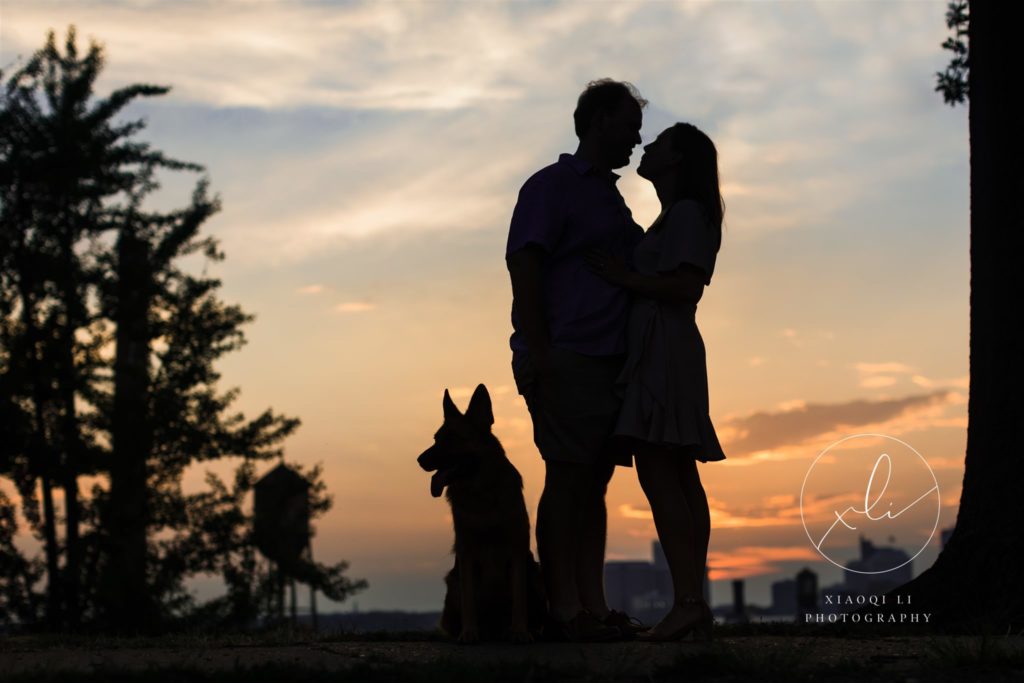 Couple holding hands at sunset with young puppy outdoors