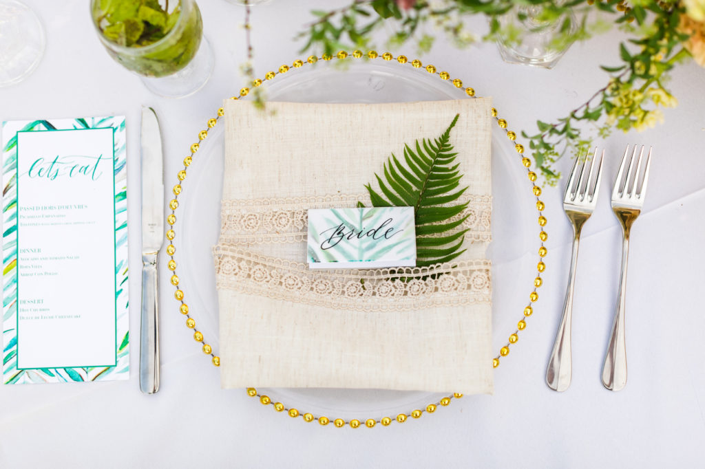cream and linen with greenery place setting for boho chic Cuban inspired wedding