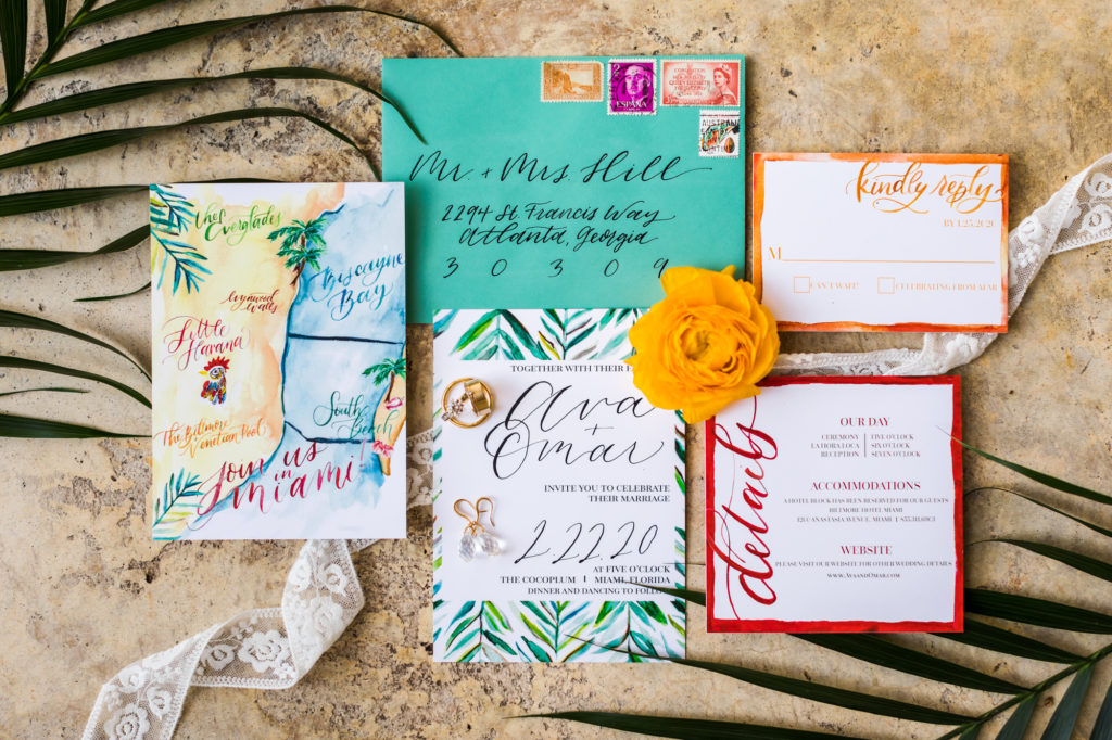 bright colored wedding invitations inspired by Cuban weddings