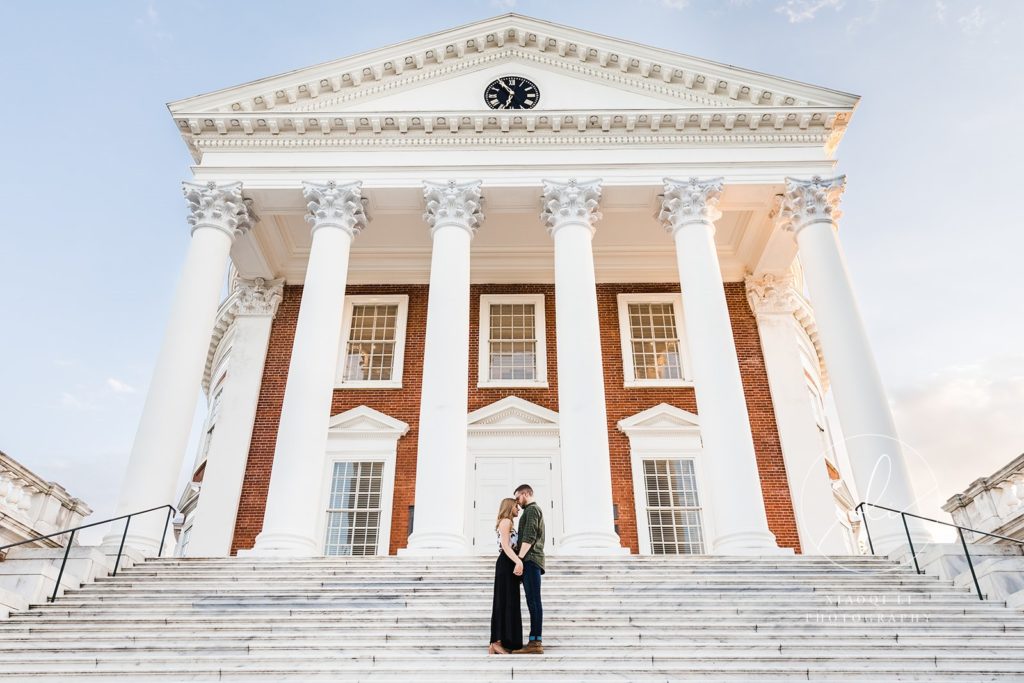 man and woman standing together at university of virginia during engagement session