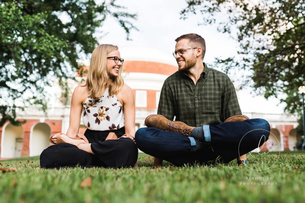 couple sitting together doing yoga during fall university of virginia engagement session