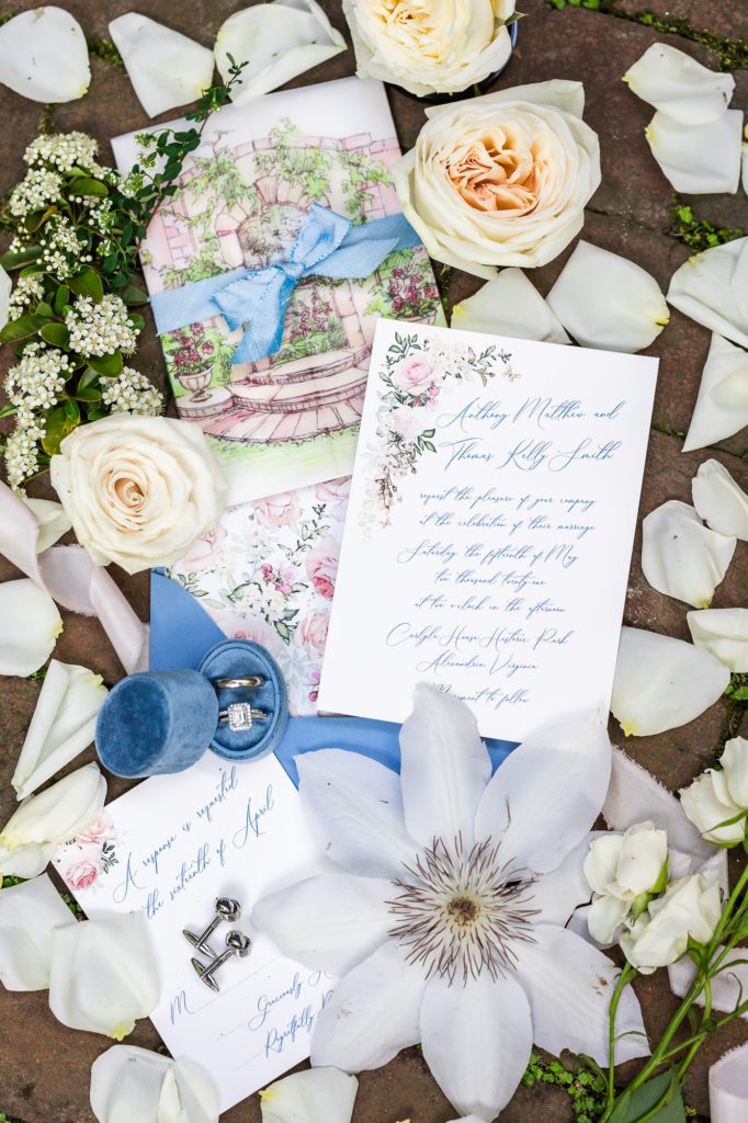 watercolor venue portrait, wedding invitations with powder blue spring inspiration