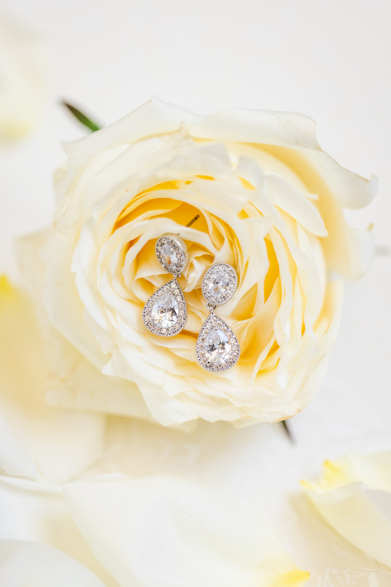 bridal detail shots of earrings sitting in wedding flowers