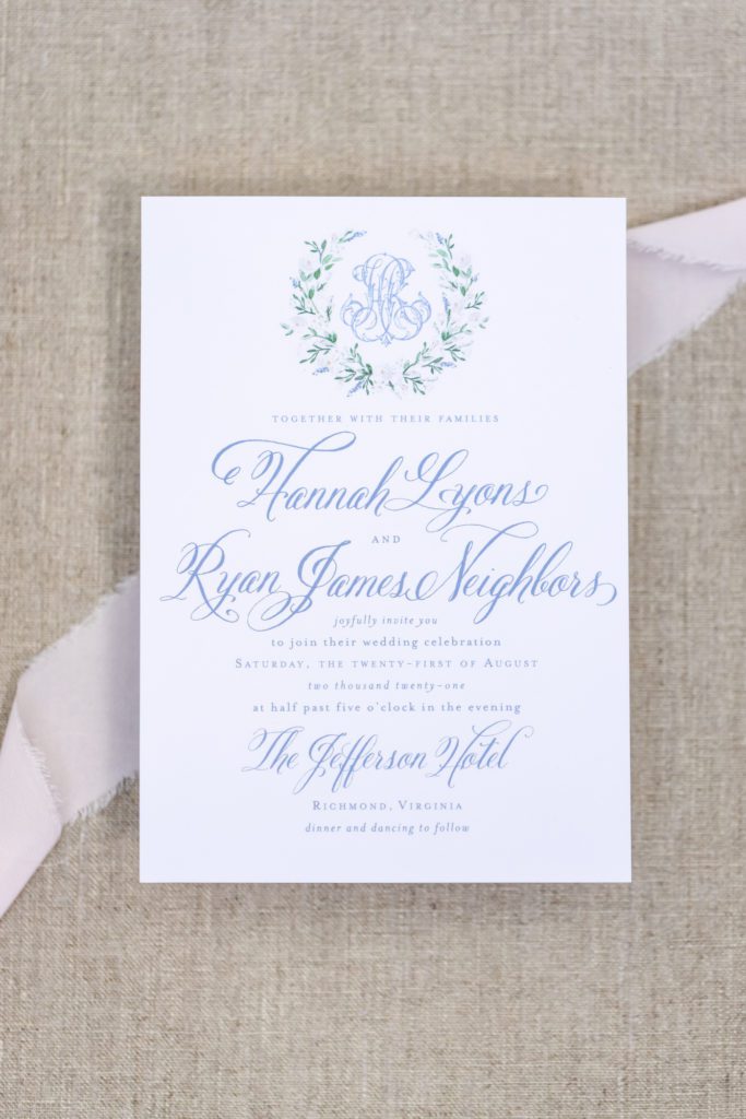 close up of elegant jefferson hotel wedding invitation