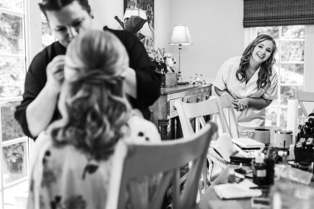 bride getting makeup done on jefferson hotel wedding day