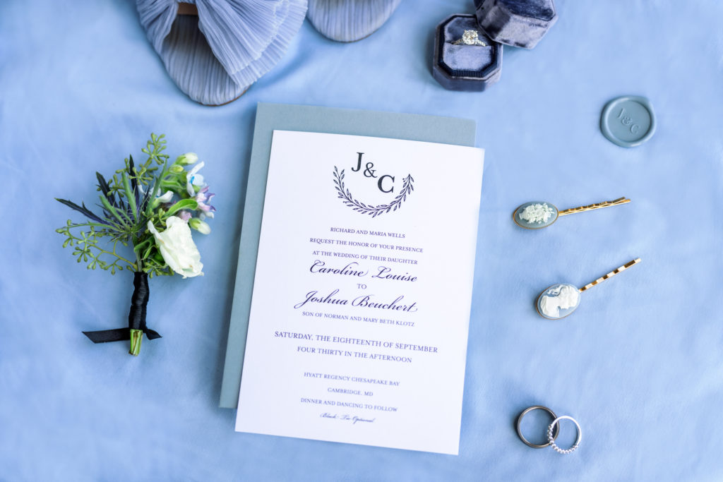 powder blue classic chic black tie eastern shore wedding invitations