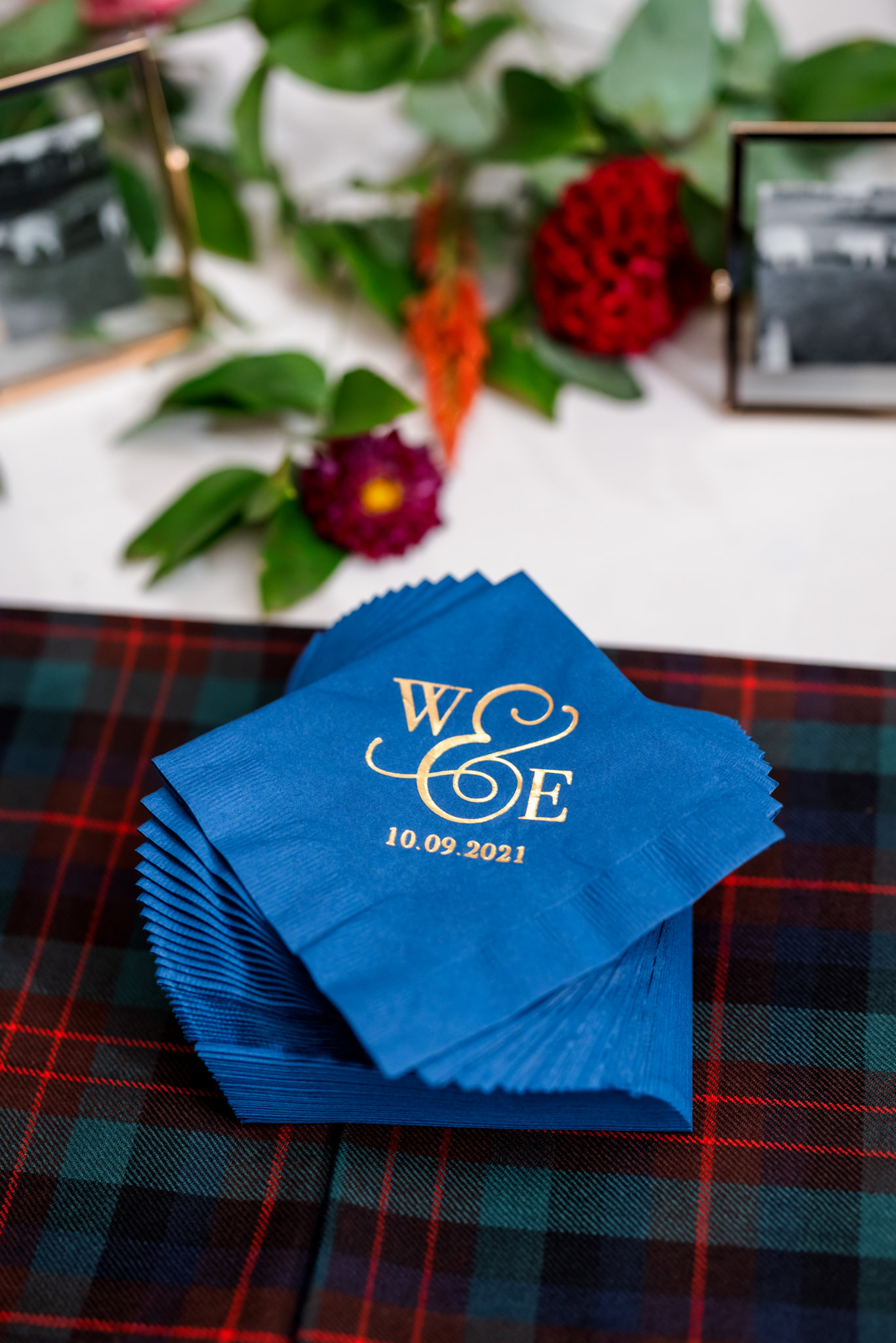 monogramed blue and gold napkins at elegant chic charlottesville wedding 