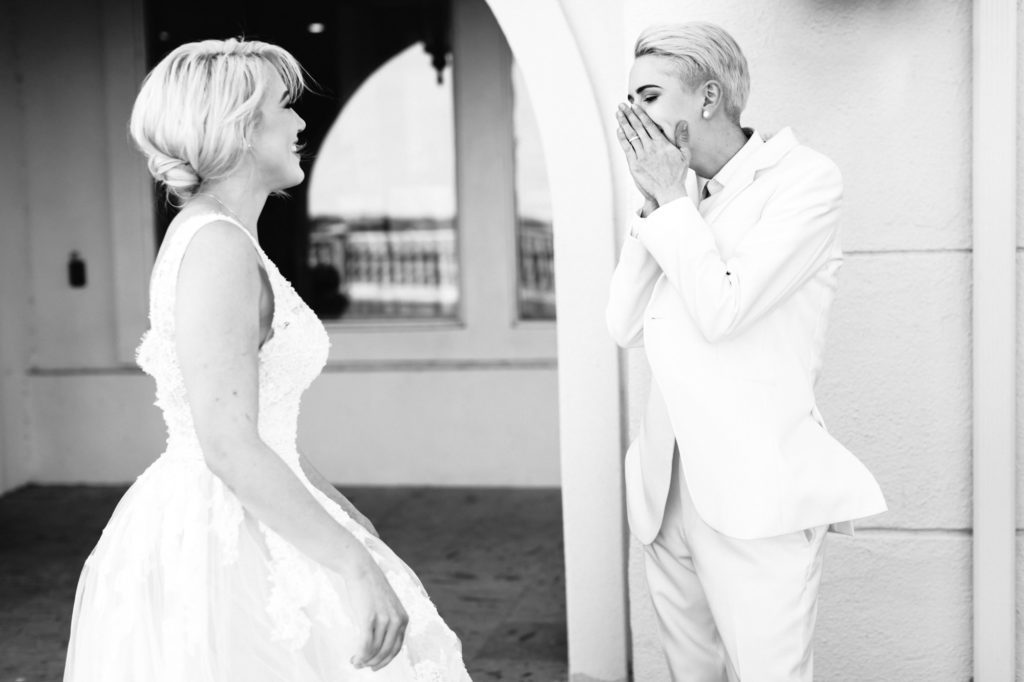 bridal couple seeing one another for first time on wedding day