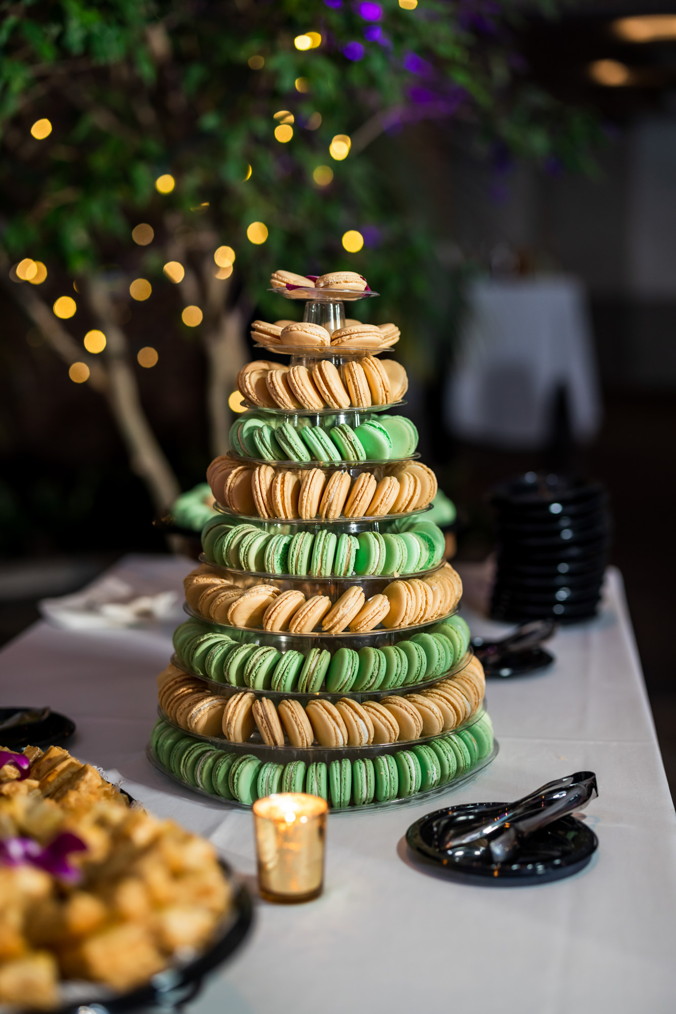 macaron tower of yellow and green macarons at Lebanese-American wedding