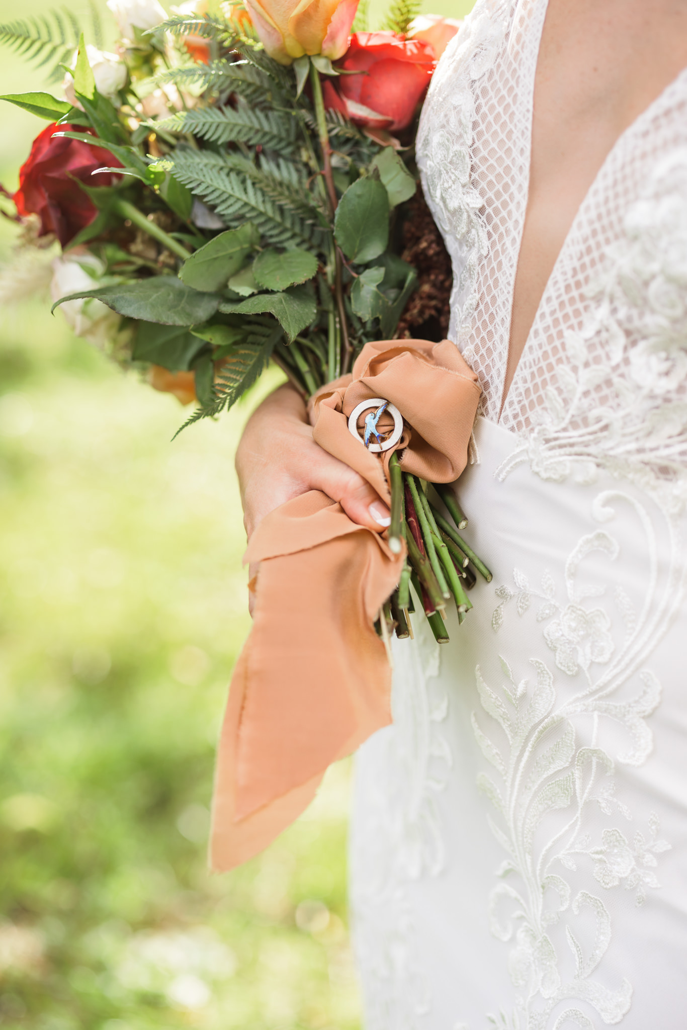 bridal bouquet with burnt orange silk bouquet wrap 