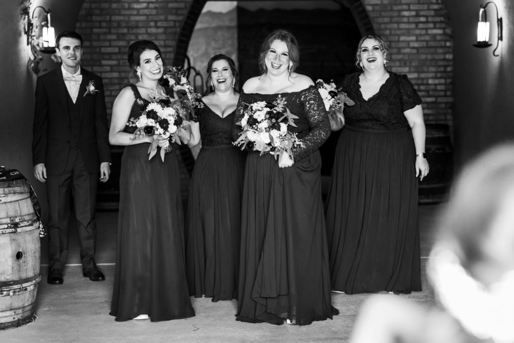 black and white portrait of wedding party before summer potomac point winery wedding