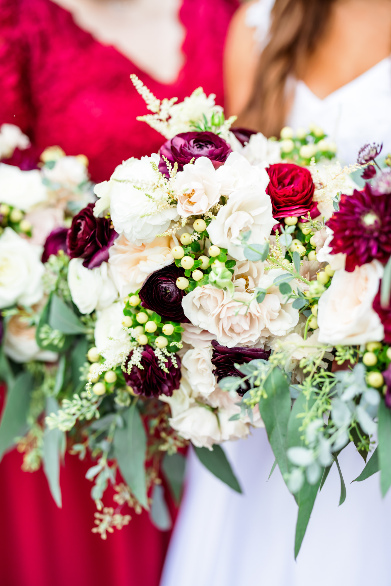 white, blush, red summer wedding bouquet with greenery 
