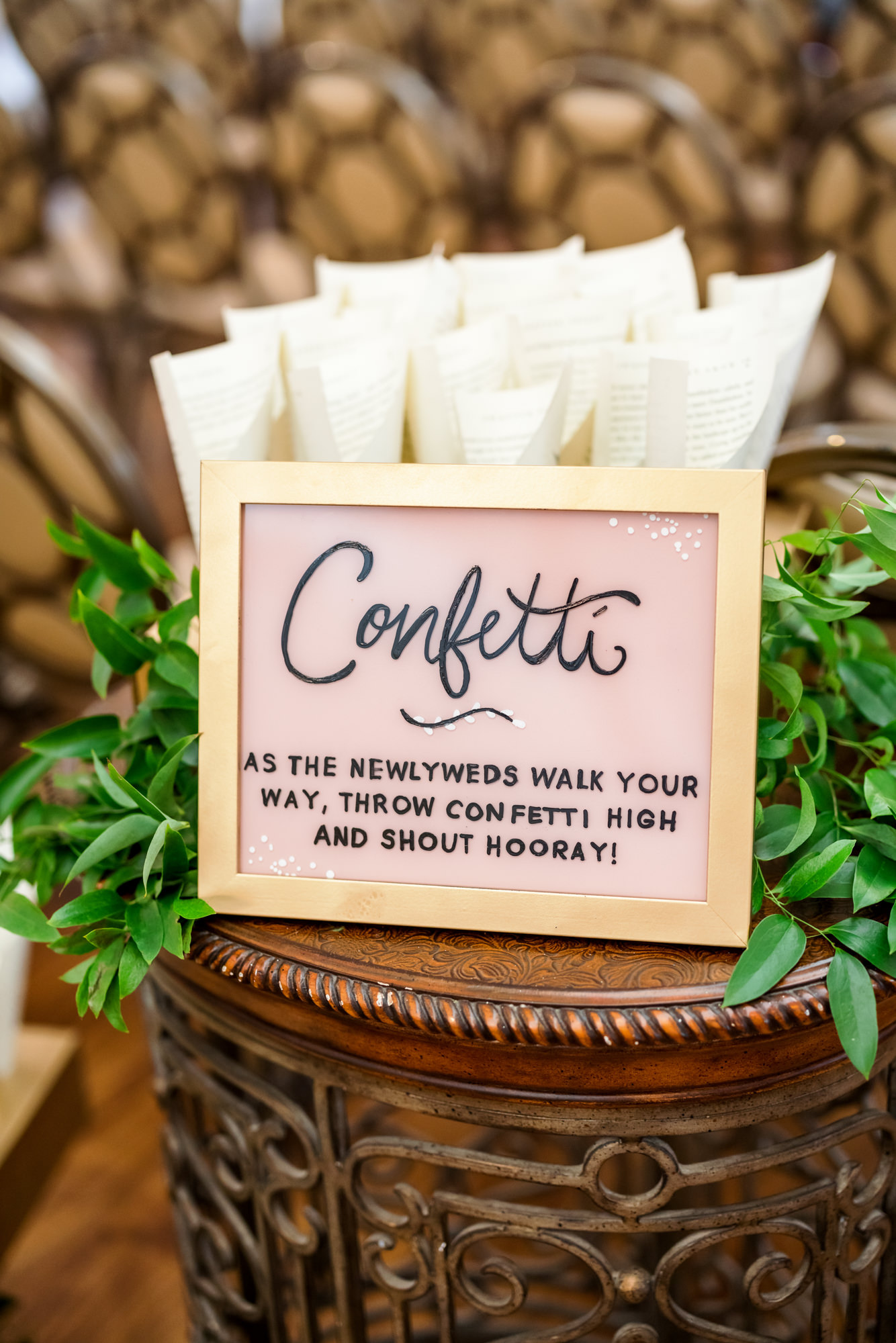 pink confetti sign at summer potomac point winery wedding