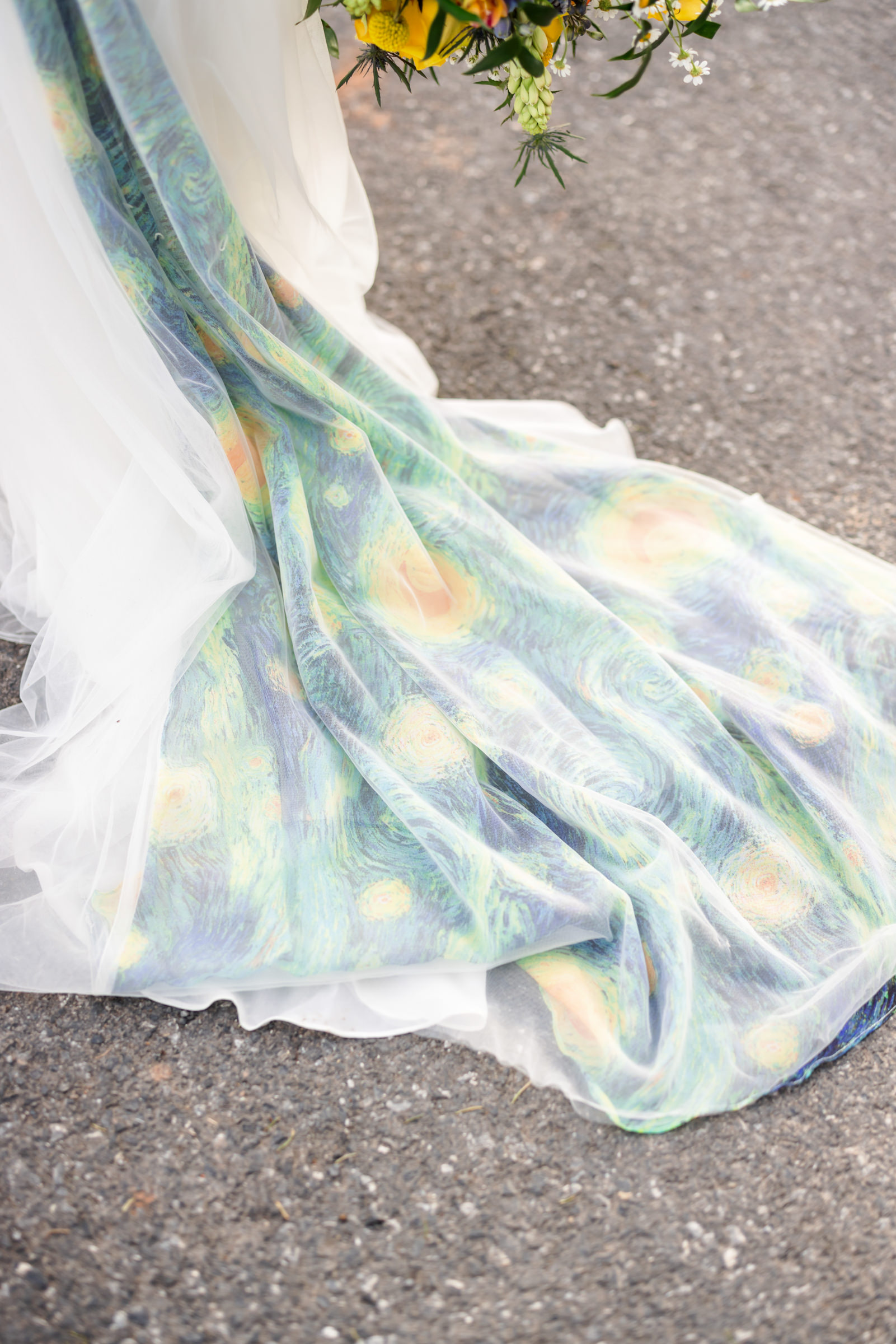 close up of bride's dress paying tribute to Van Gogh's Starry Night painting