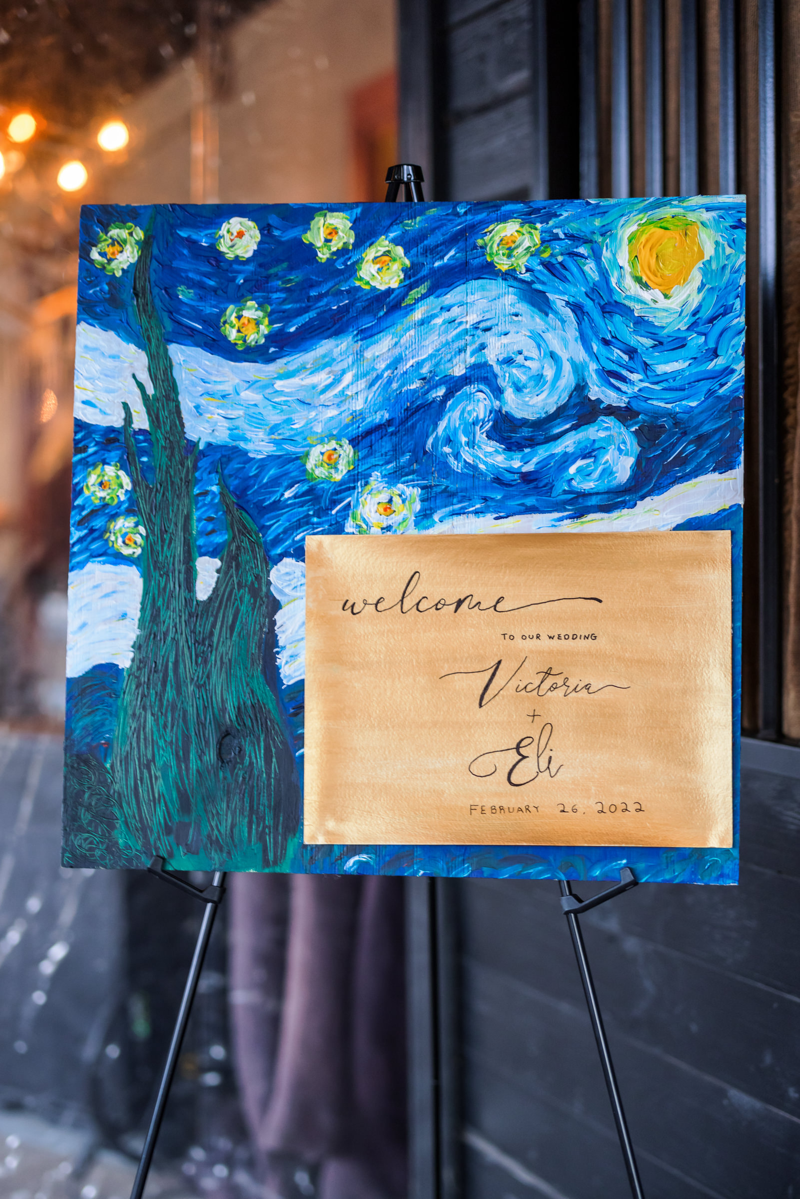 starry night inspired wedding welcome sign