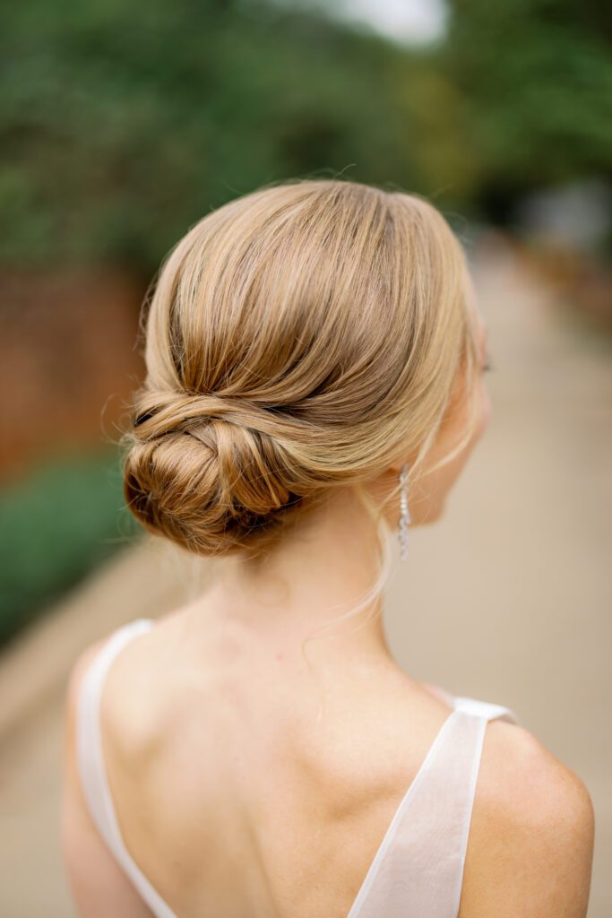 close up of bridal hairstyle, classic updo