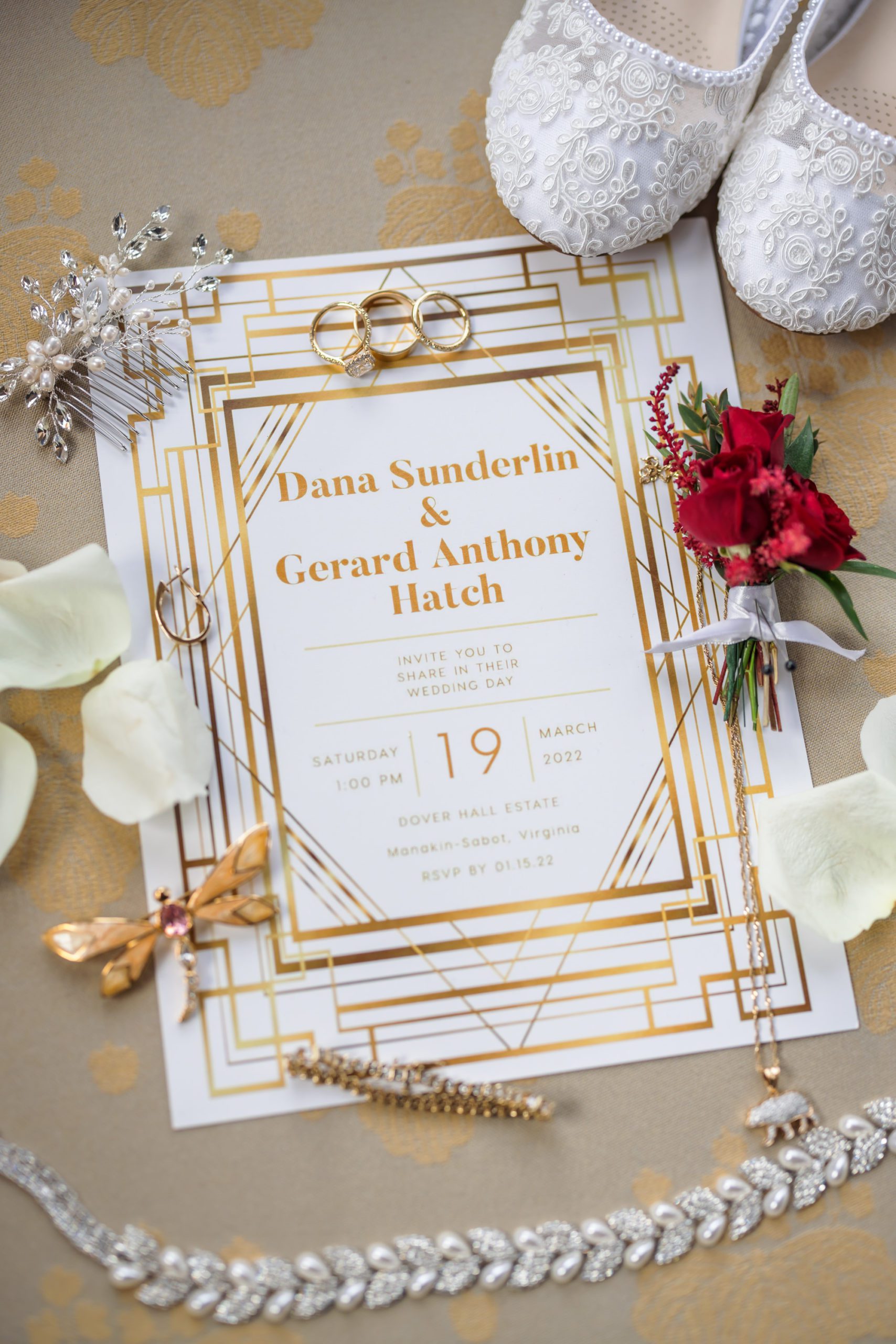 great gatsby inspired wedding invitation with bridal details at wedding flatlay for spring dover hall wedding
