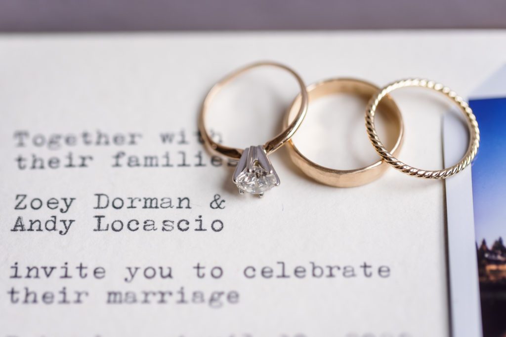 up close detail shot of wedding rings and wedding invitation