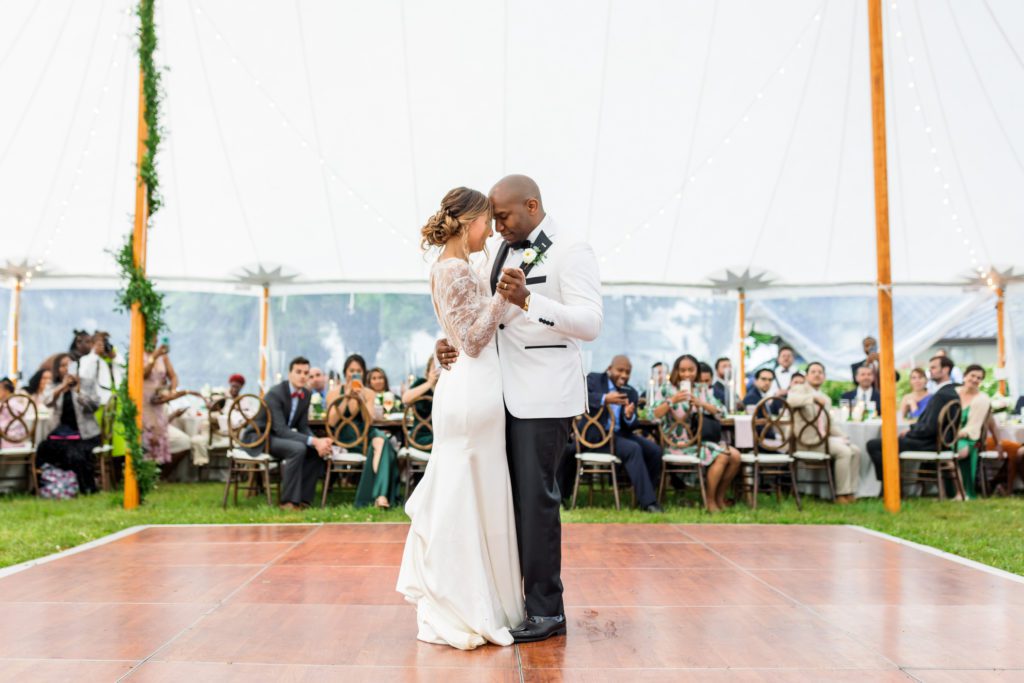 wedding couple dancing for the first time as husband and wife at spring black tie montalto wedding reception