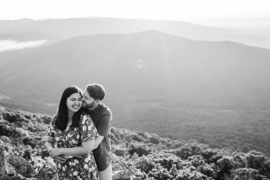 black and white picture of newly engaged couple at Shenandoah National Park engagement session