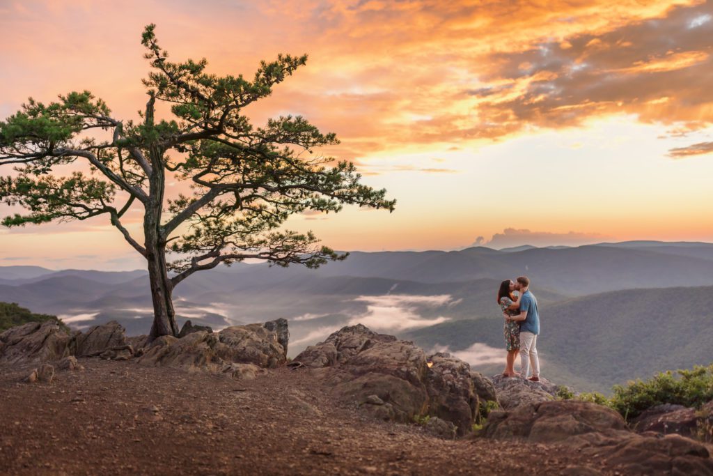 couple embracing at sunset during Shenandoah engagement session