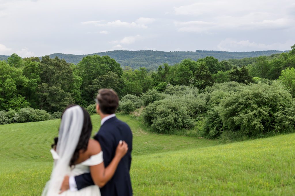 wedding couple looking at the beautiful view of mountains and green grassy hills