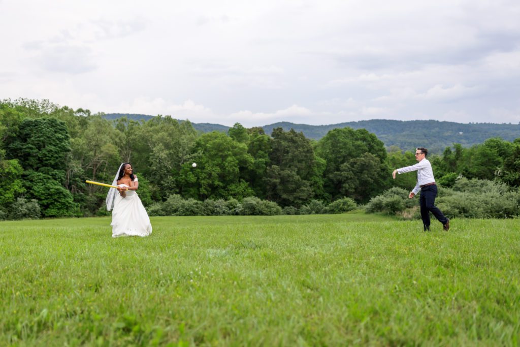 bride and groom playing croquet together after Lexington backyard wedding