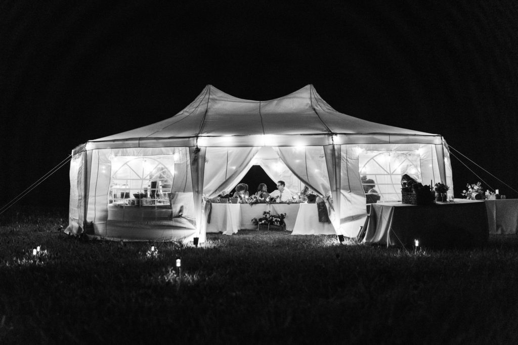 black and white image of reception at night with lights 