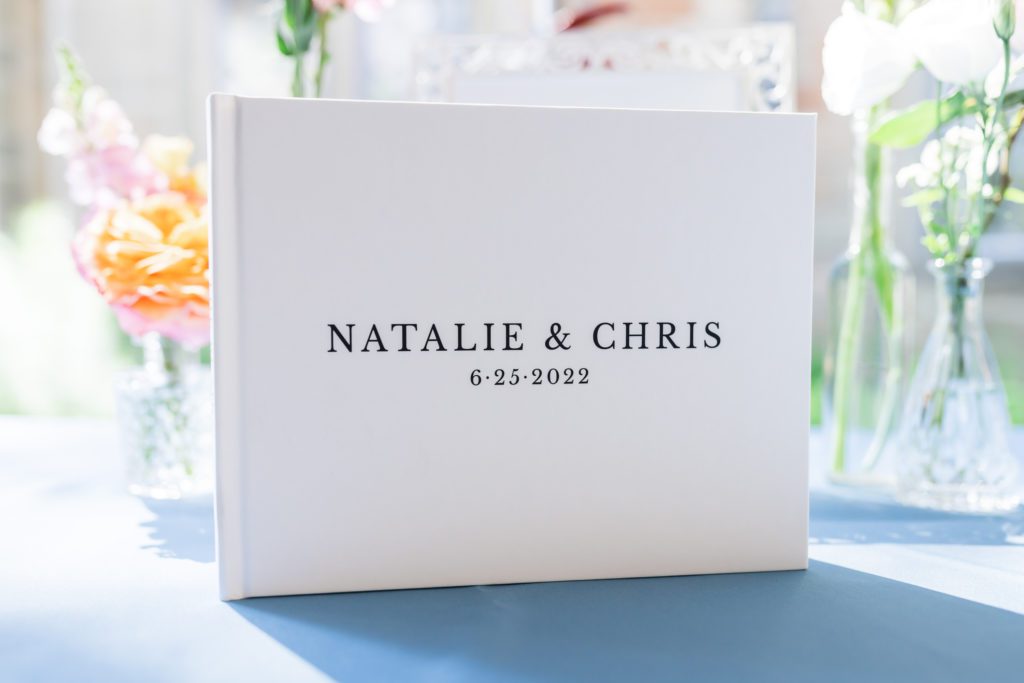 white box with bride and groom's name written on it