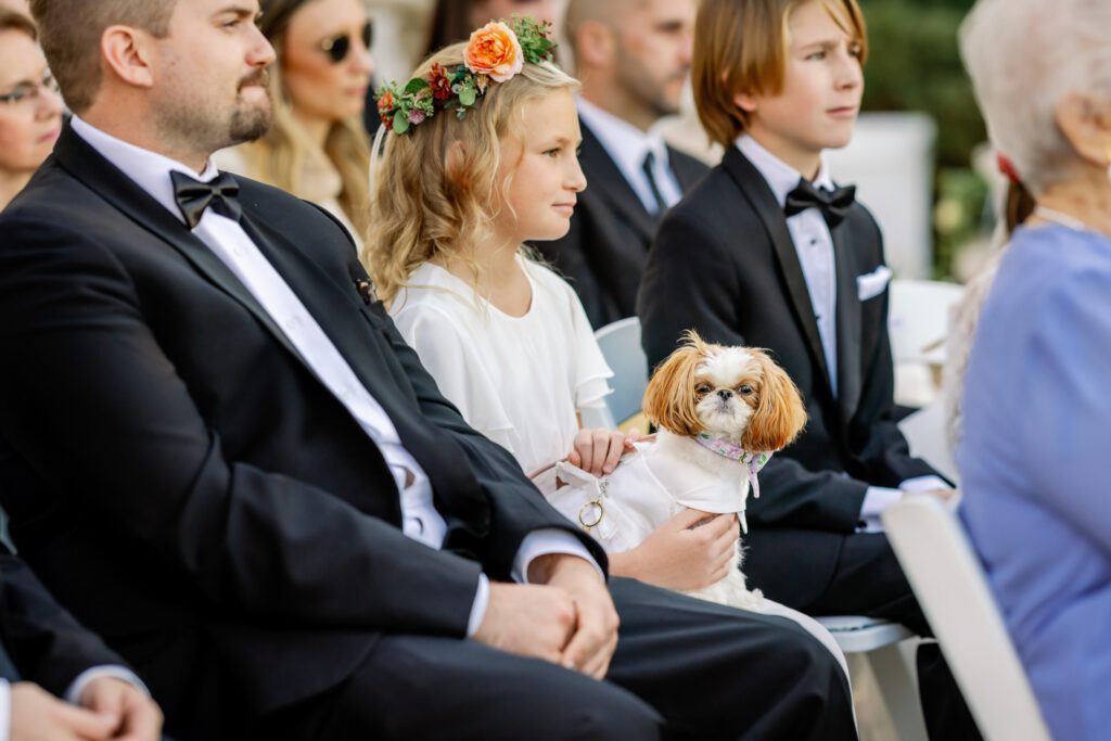 flower girl sitting on chair with dog during outdoor wedding ceremony