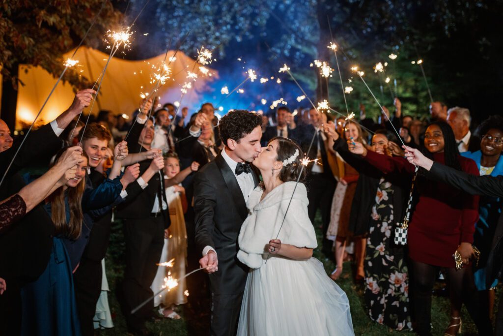 sparkler exit with bride and groom kissing